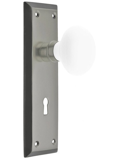 New York Style Door Set with White Porcelain Door Knobs in Antique Pewter Finish.